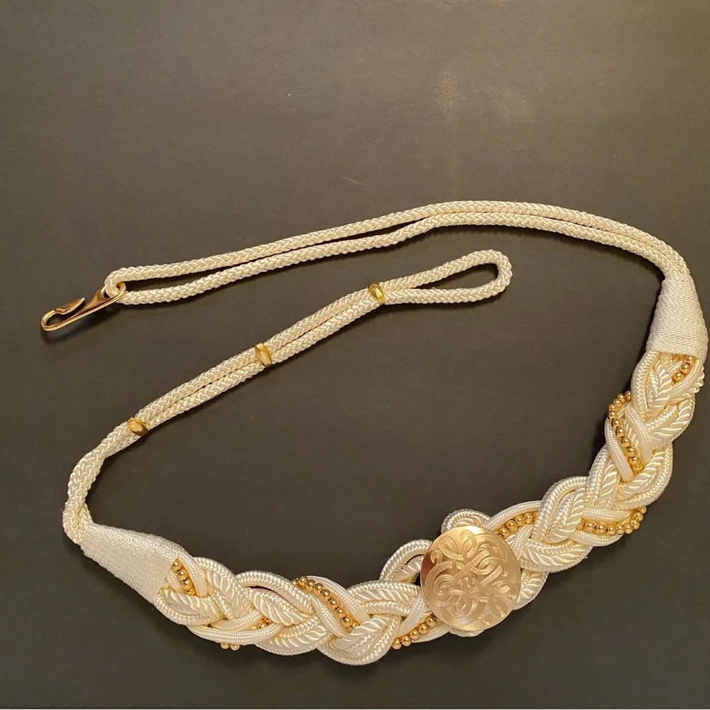 VINTAGE BELT CREAM CORD BRAIDED GOLD TONE BEADS MEDALLION 45.5”